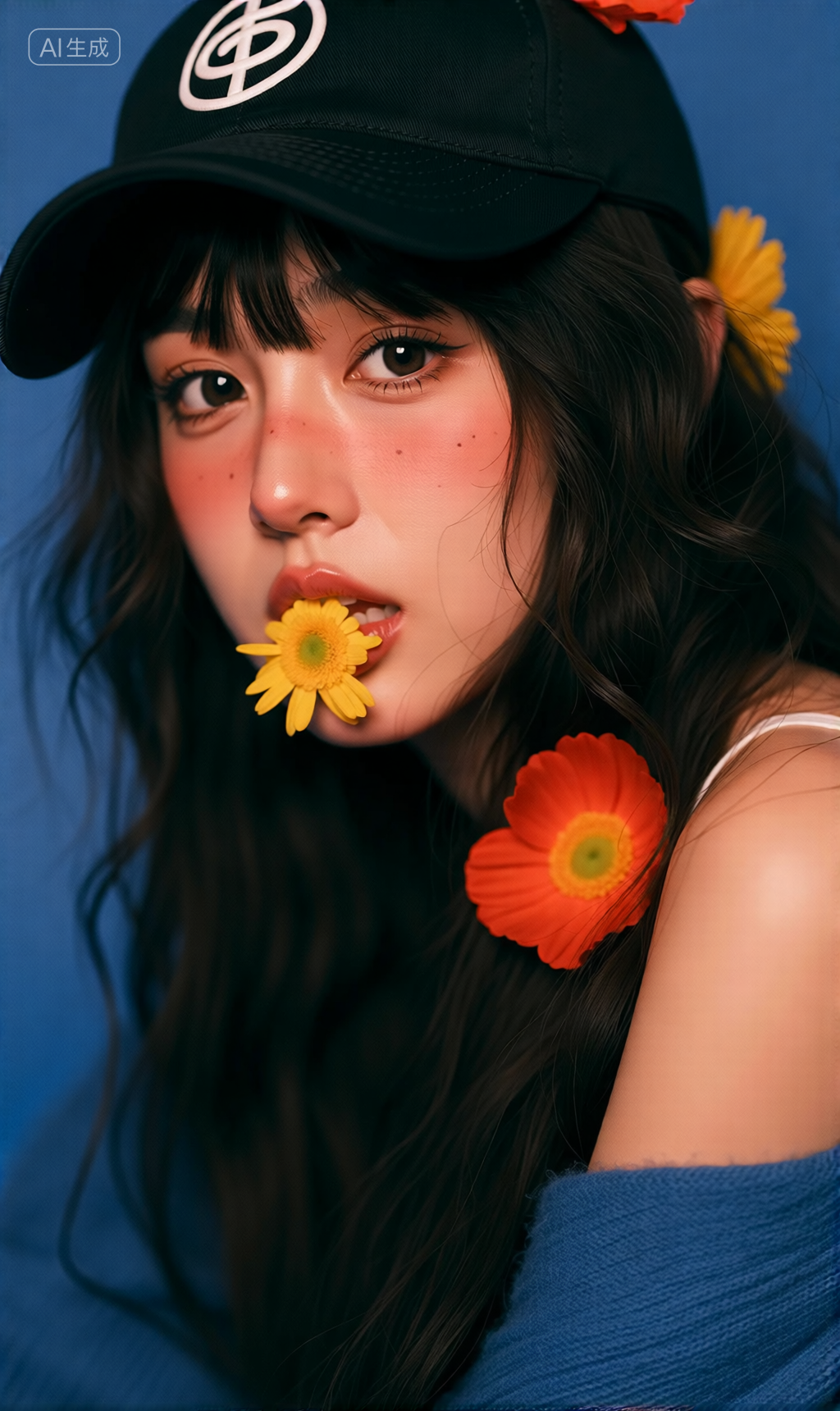 蓝色背景下的花饰青春人像