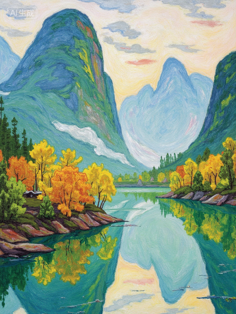 梦幻山谷湖景插画