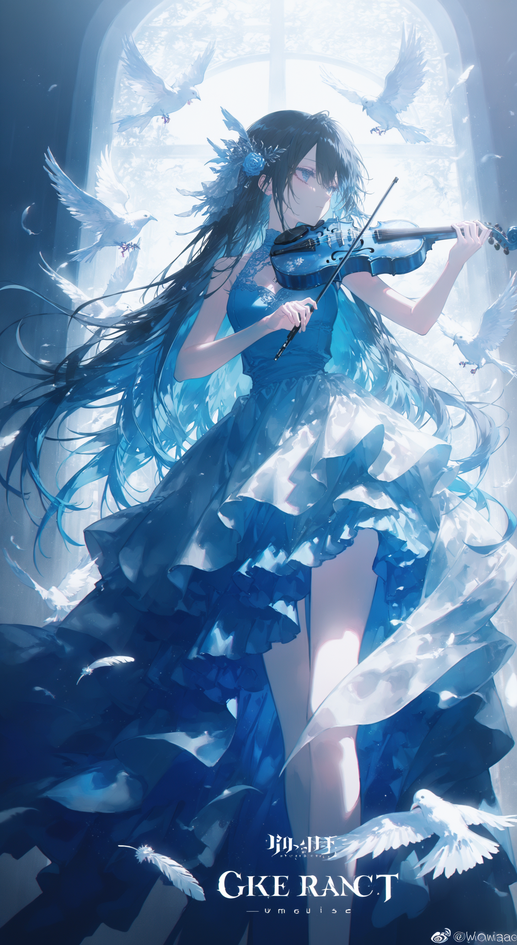 月光下演奏小提琴的蓝裙少女与白鸽