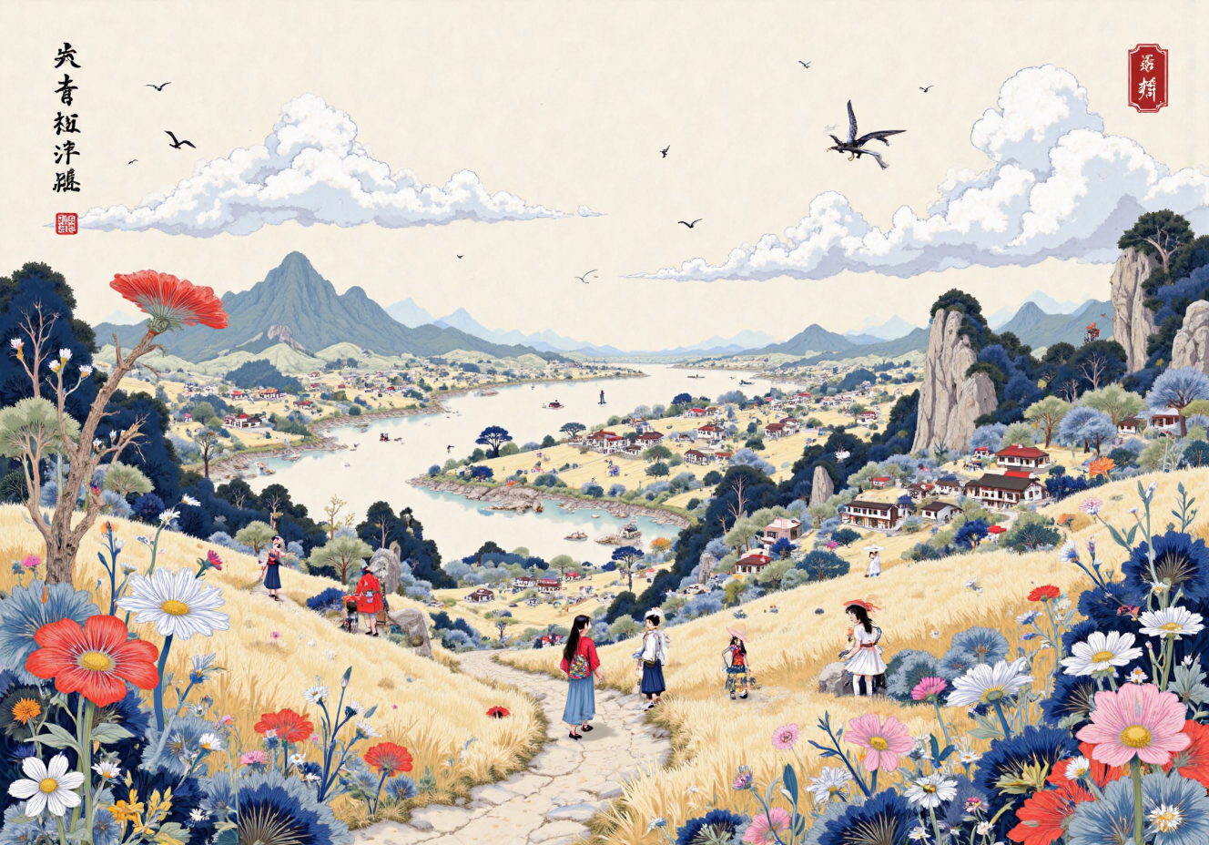 春日山谷花海与飞鸟蝴蝶的国风插画