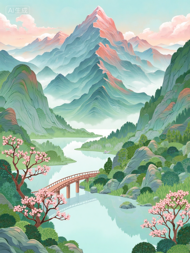梦幻山谷湖景插画
