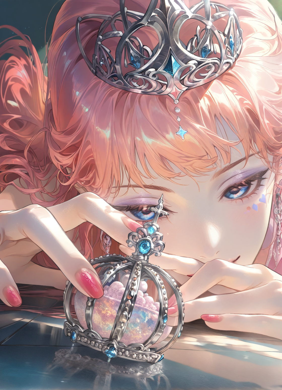 粉发少女与华丽宝石冠饰的梦幻插画