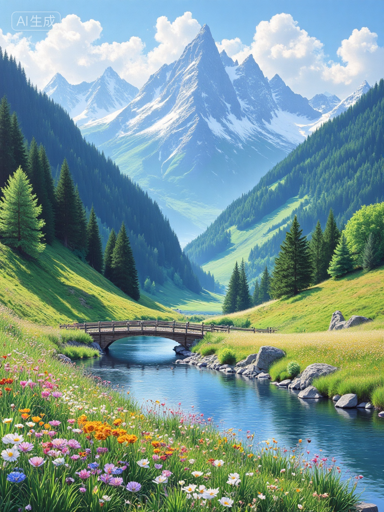 梦幻山谷湖景插画
