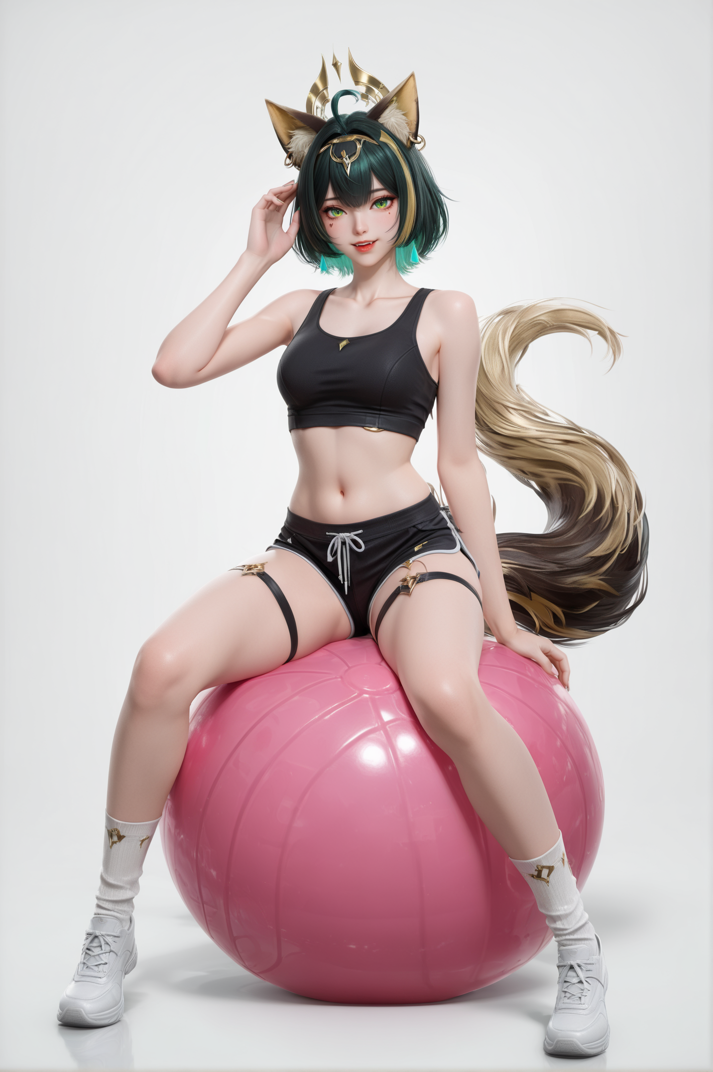 白底棚拍风格的兽耳少女健身造型插画