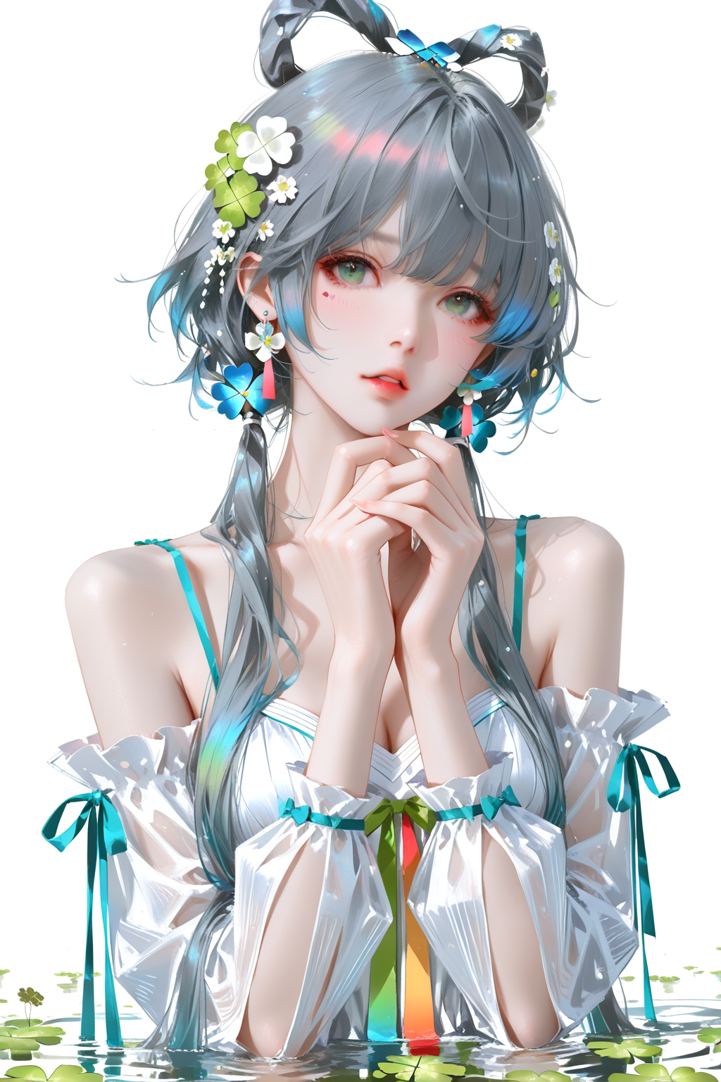 花饰银发少女的清新插画