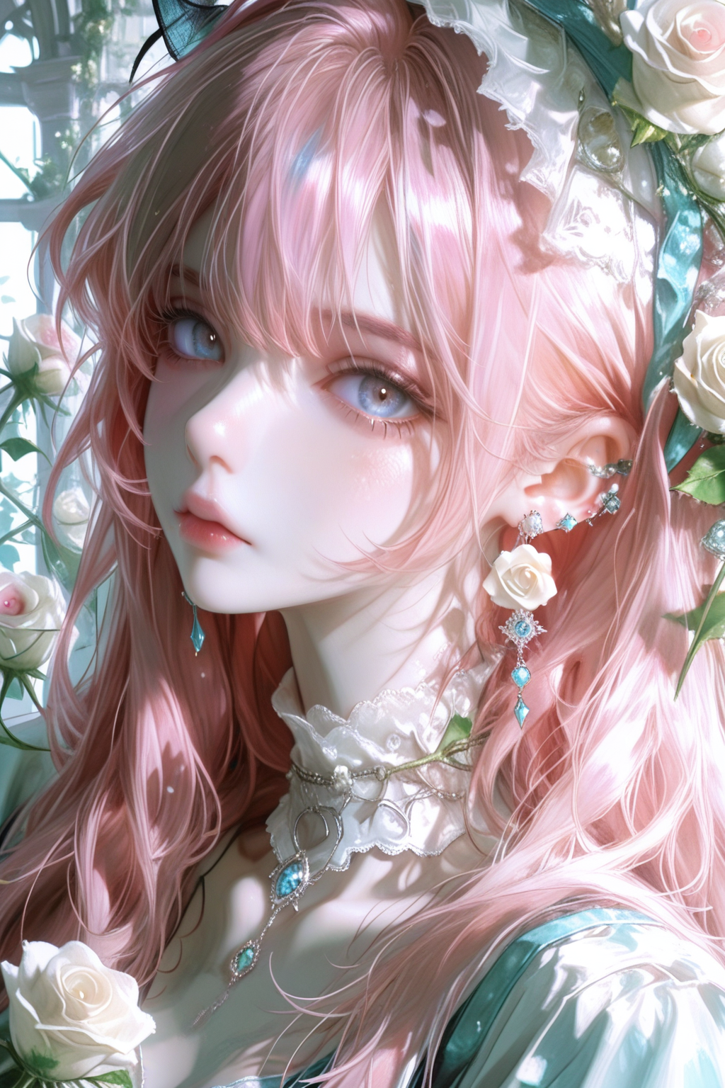 梦幻花饰粉发精灵少女特写