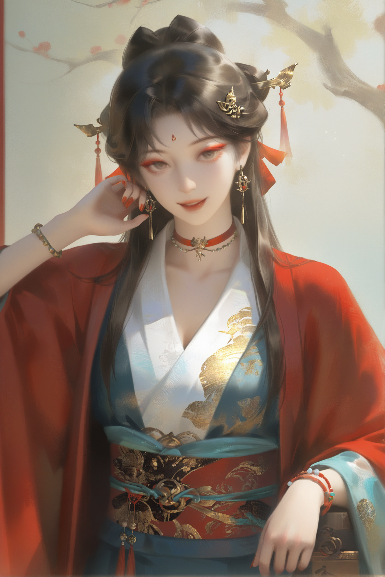 古风红衣女子肖像插画