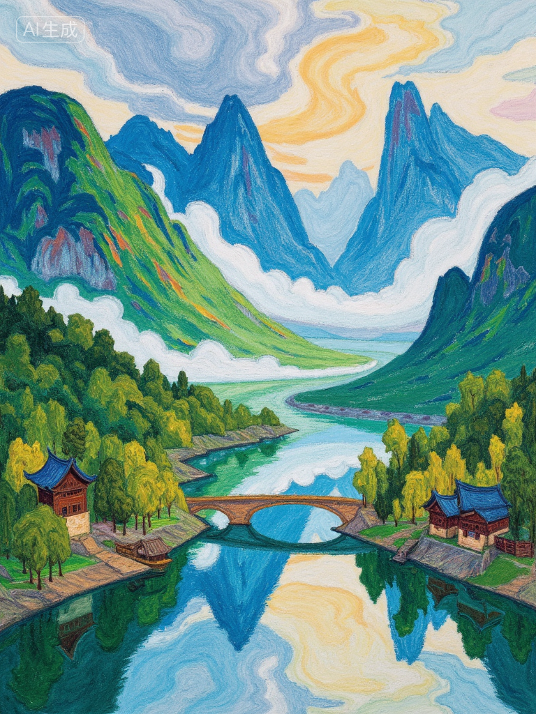梦幻山谷湖景插画