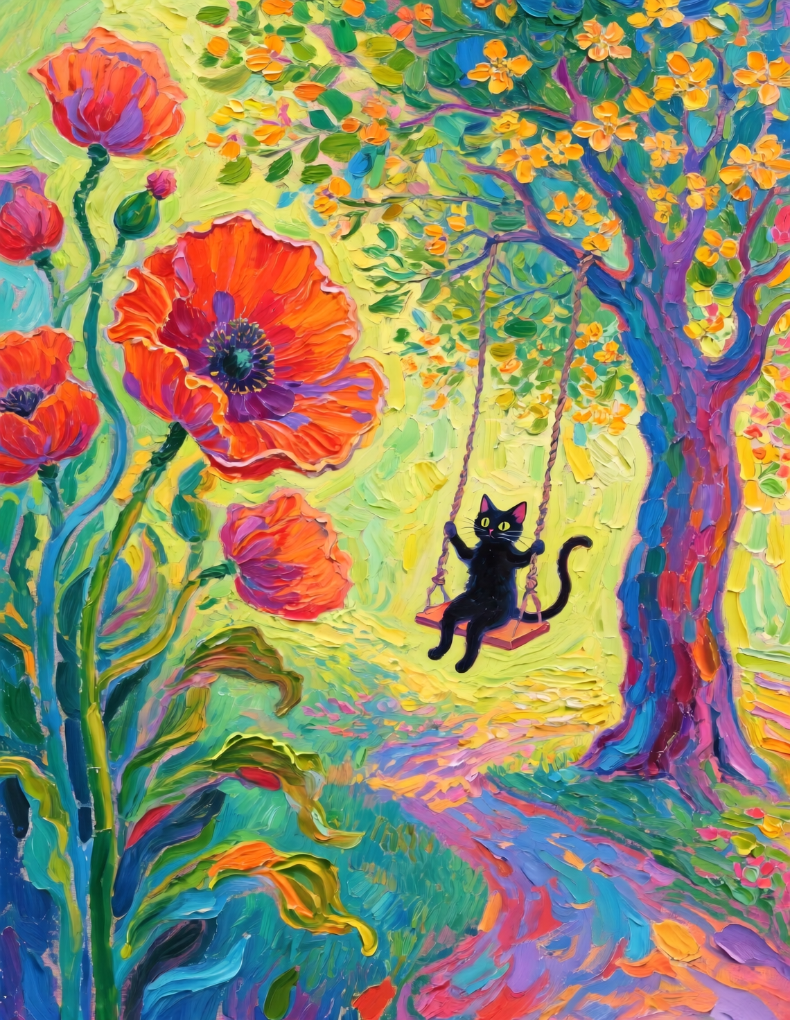 色彩斑斓的花园与秋千上的黑猫