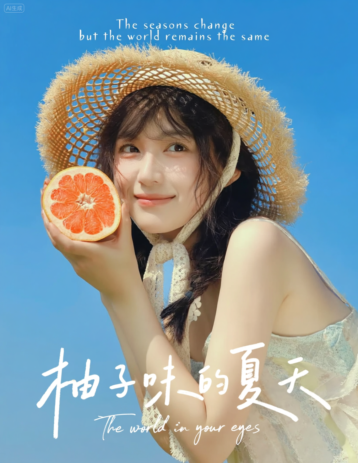 夏日柚子与草帽少女的清新海报