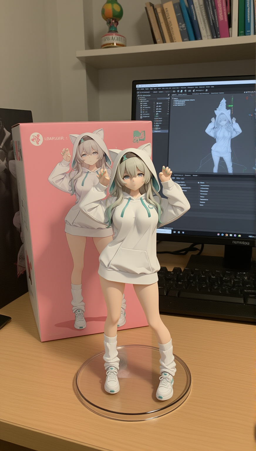 桌面上的二次元猫耳少女手办展示
