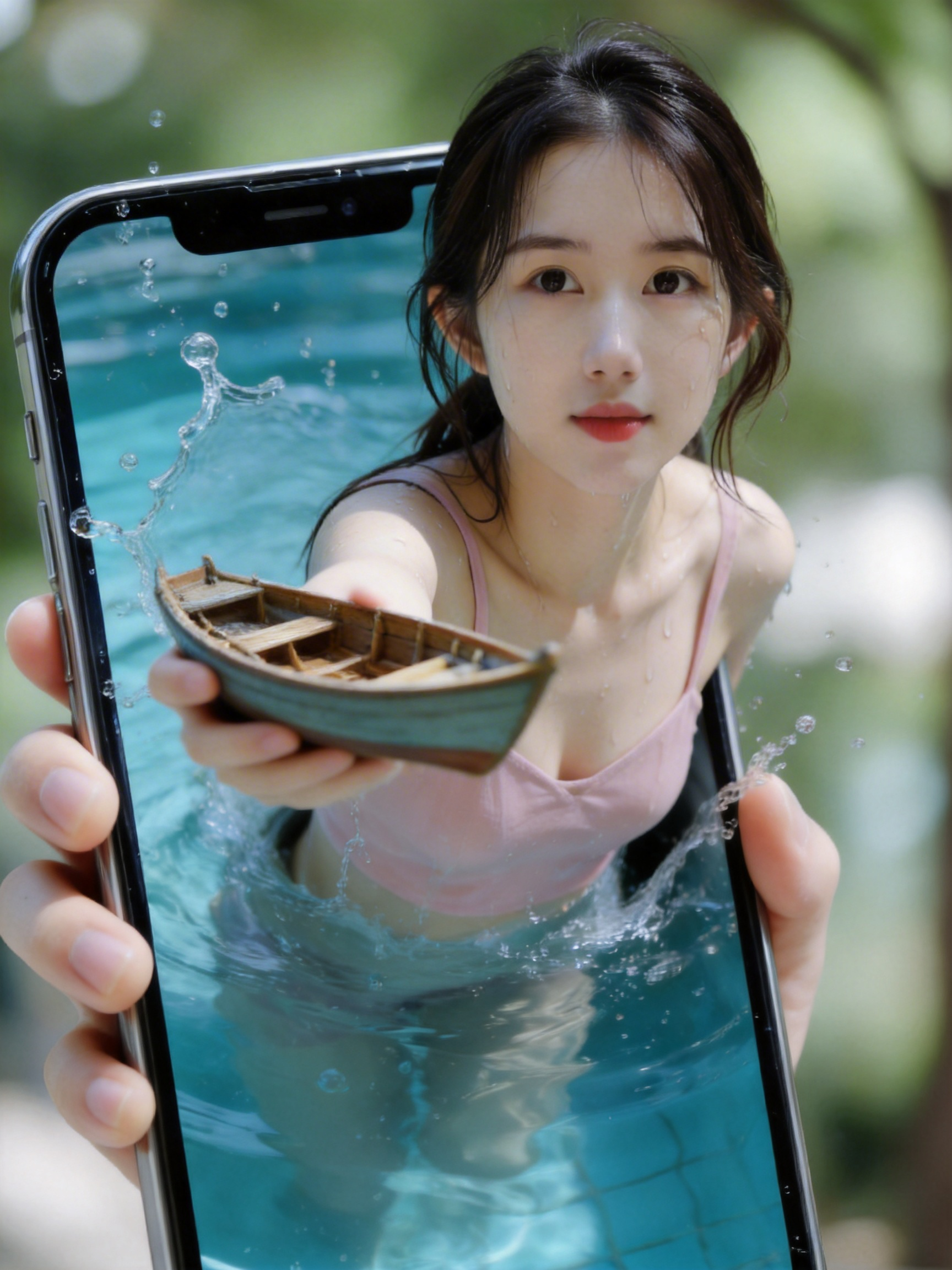 手机屏幕中伸手递船的水中女孩
