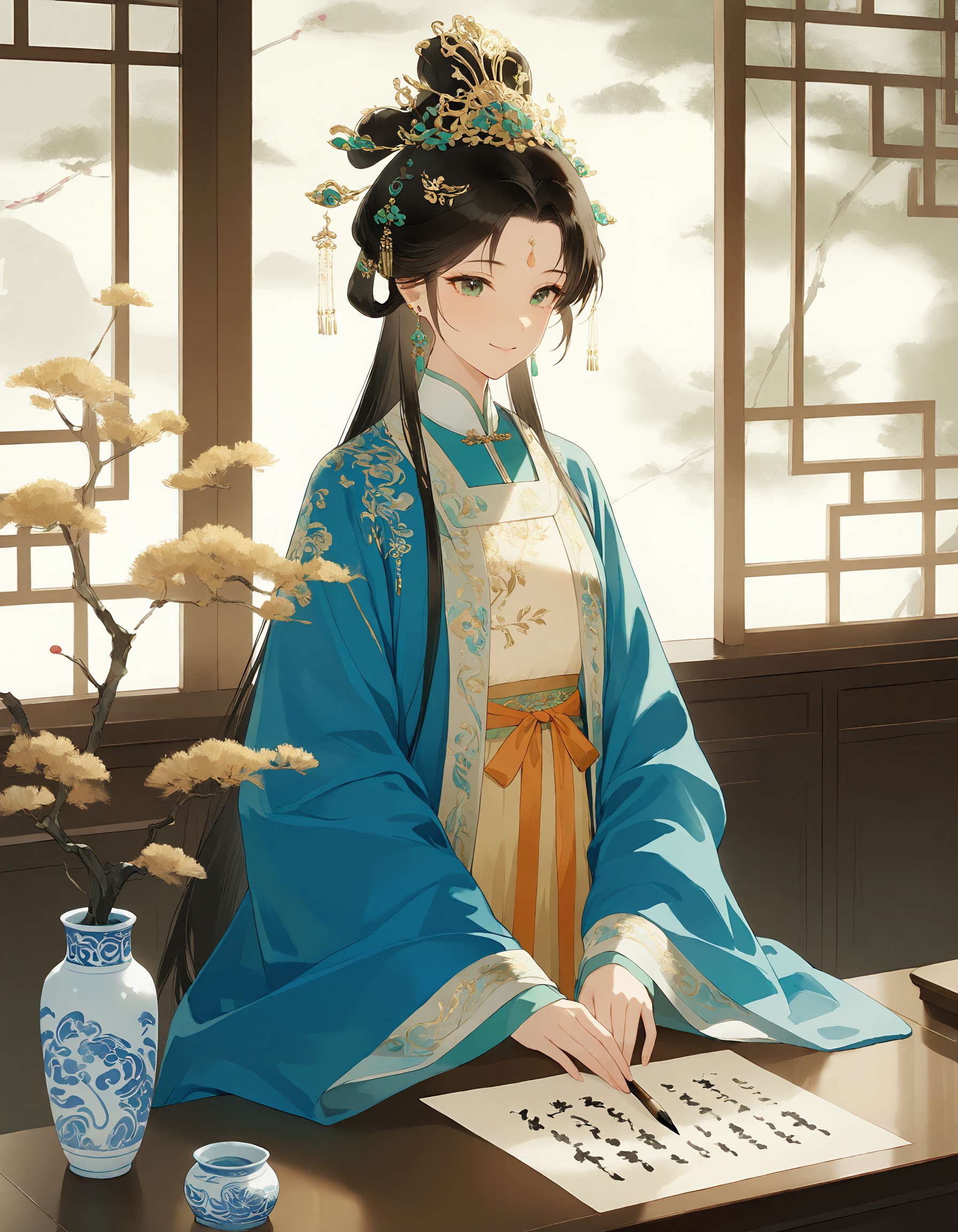 古风宫装女子执笔书写的静谧室内场景