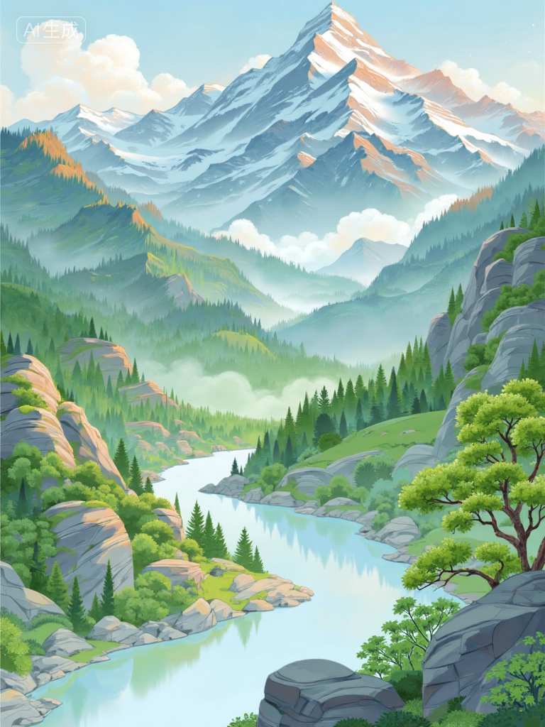 梦幻山谷湖景插画