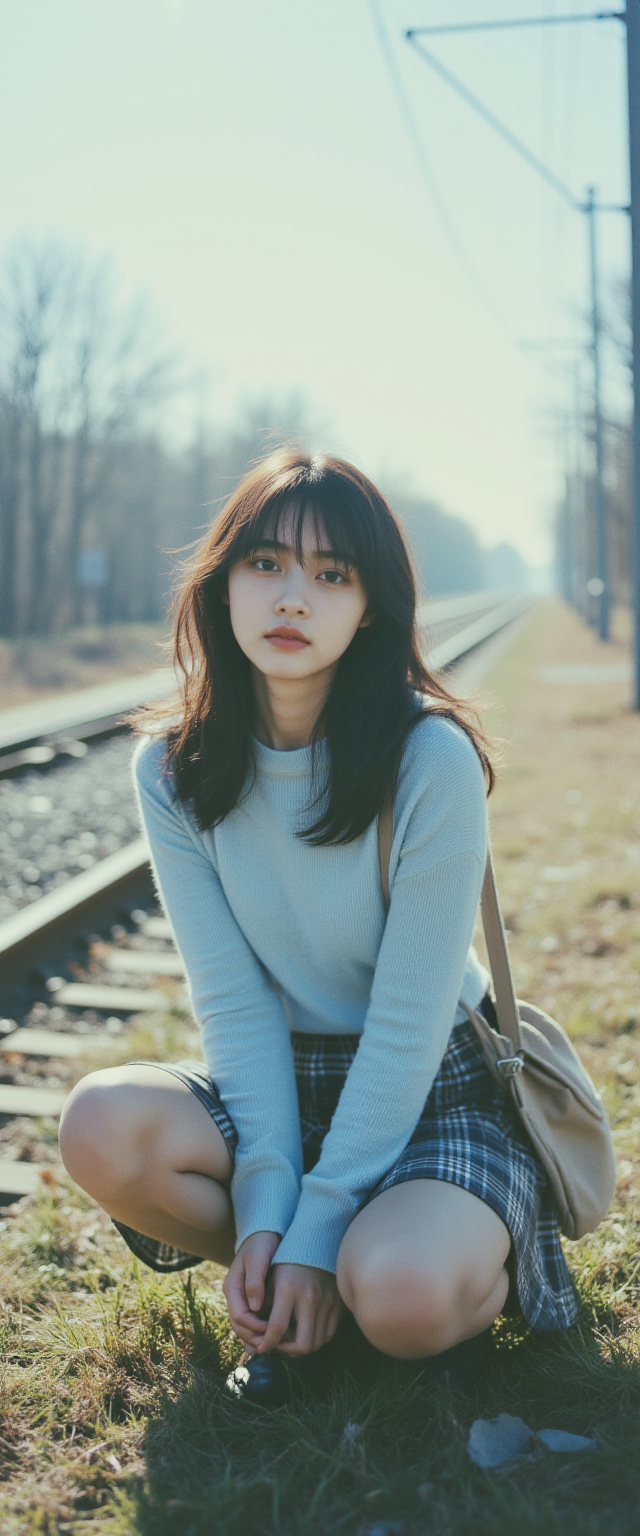 铁轨旁的清新少女人像
