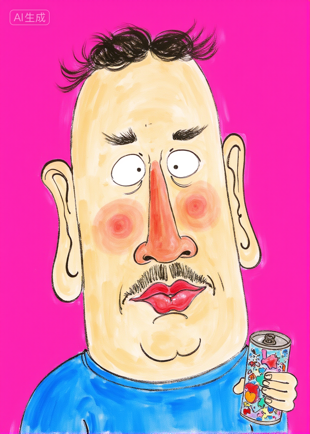 粉色背景下的卡通男孩手持彩绘饮料罐插画