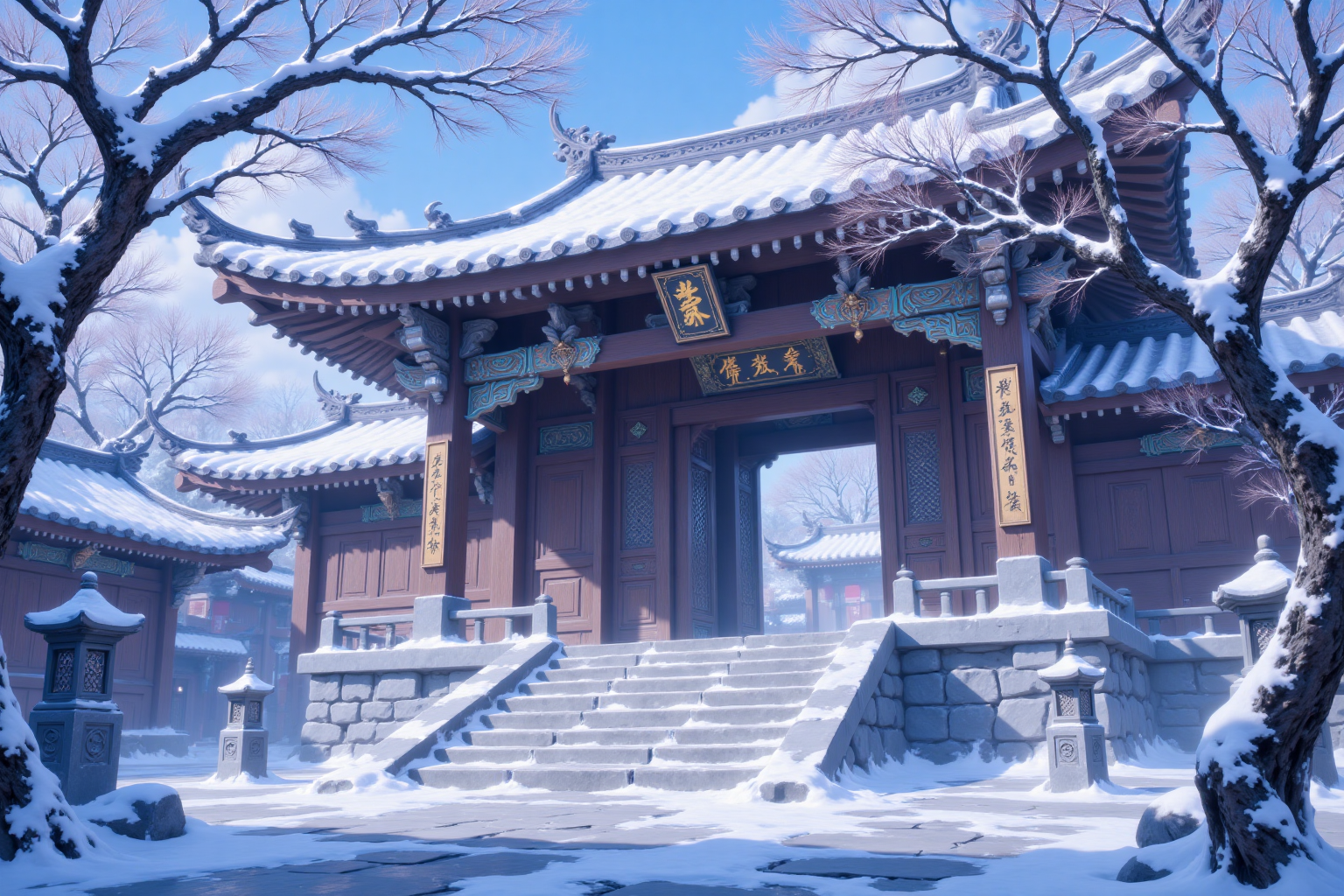仙侠国风CG场景壁纸，下雪的寺庙