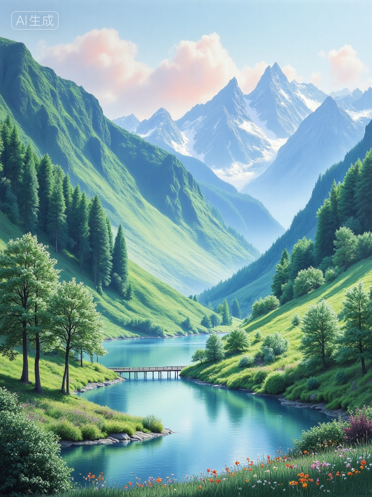 梦幻山谷湖景插画
