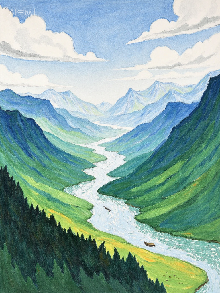 梦幻山谷湖景插画