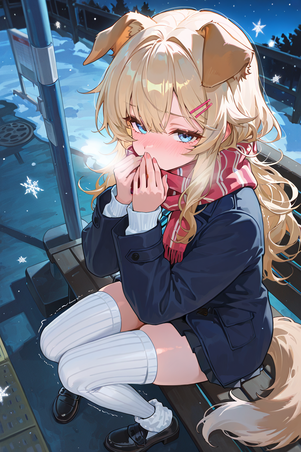 雪夜公交站台上的兽耳少女
