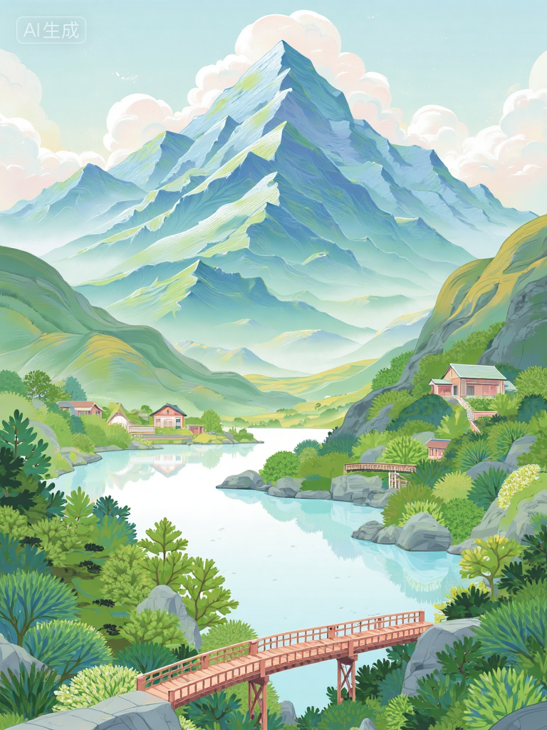 梦幻山谷湖景插画