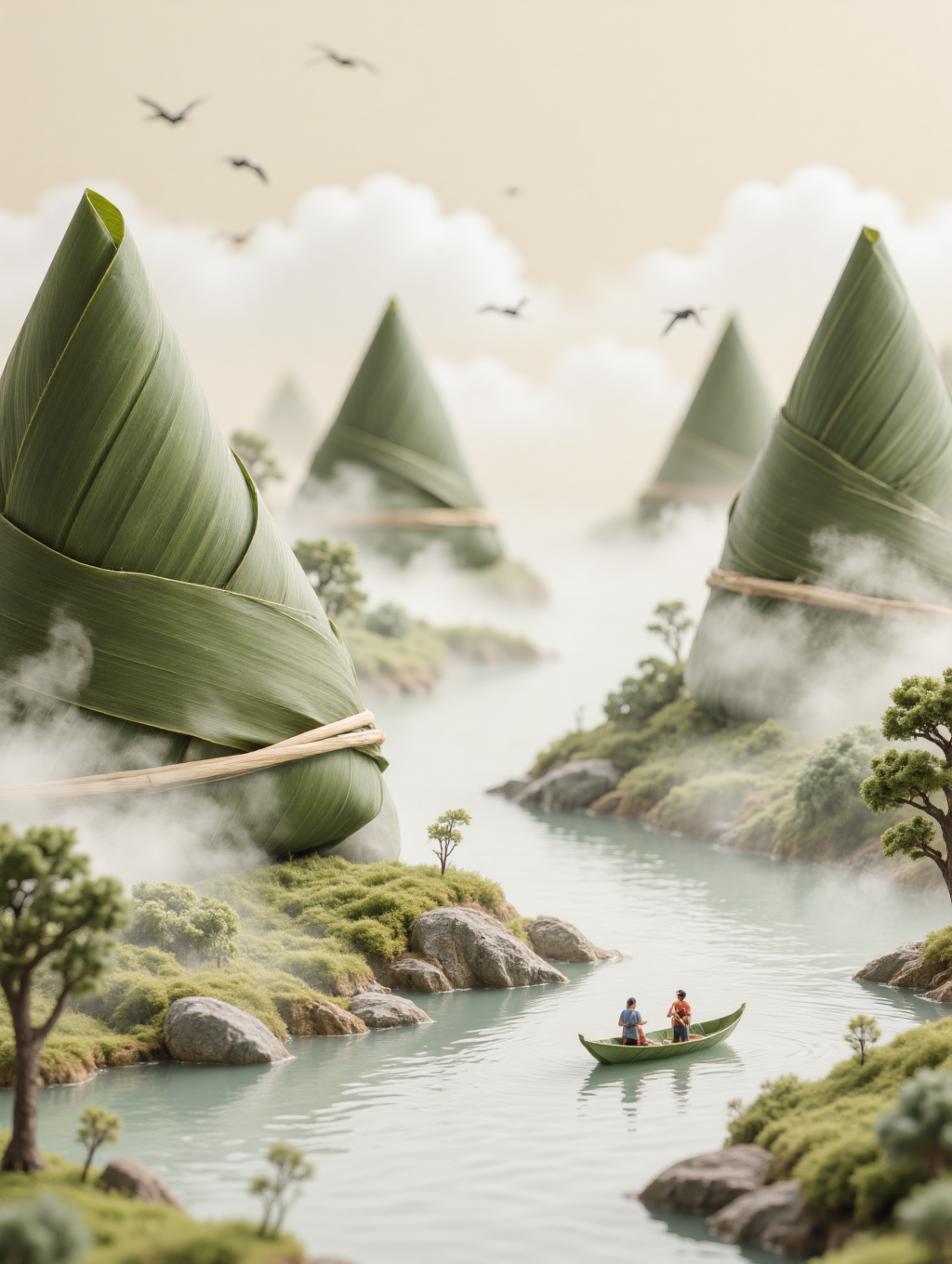梦幻雾谷中的巨叶山峰与小舟