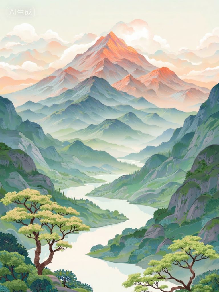 梦幻山谷湖景插画