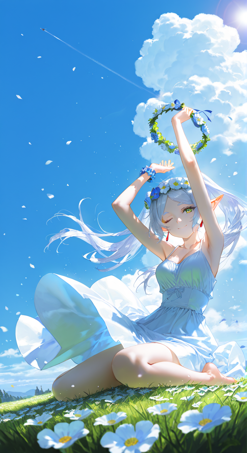 蓝天花环下的夏日精灵少女