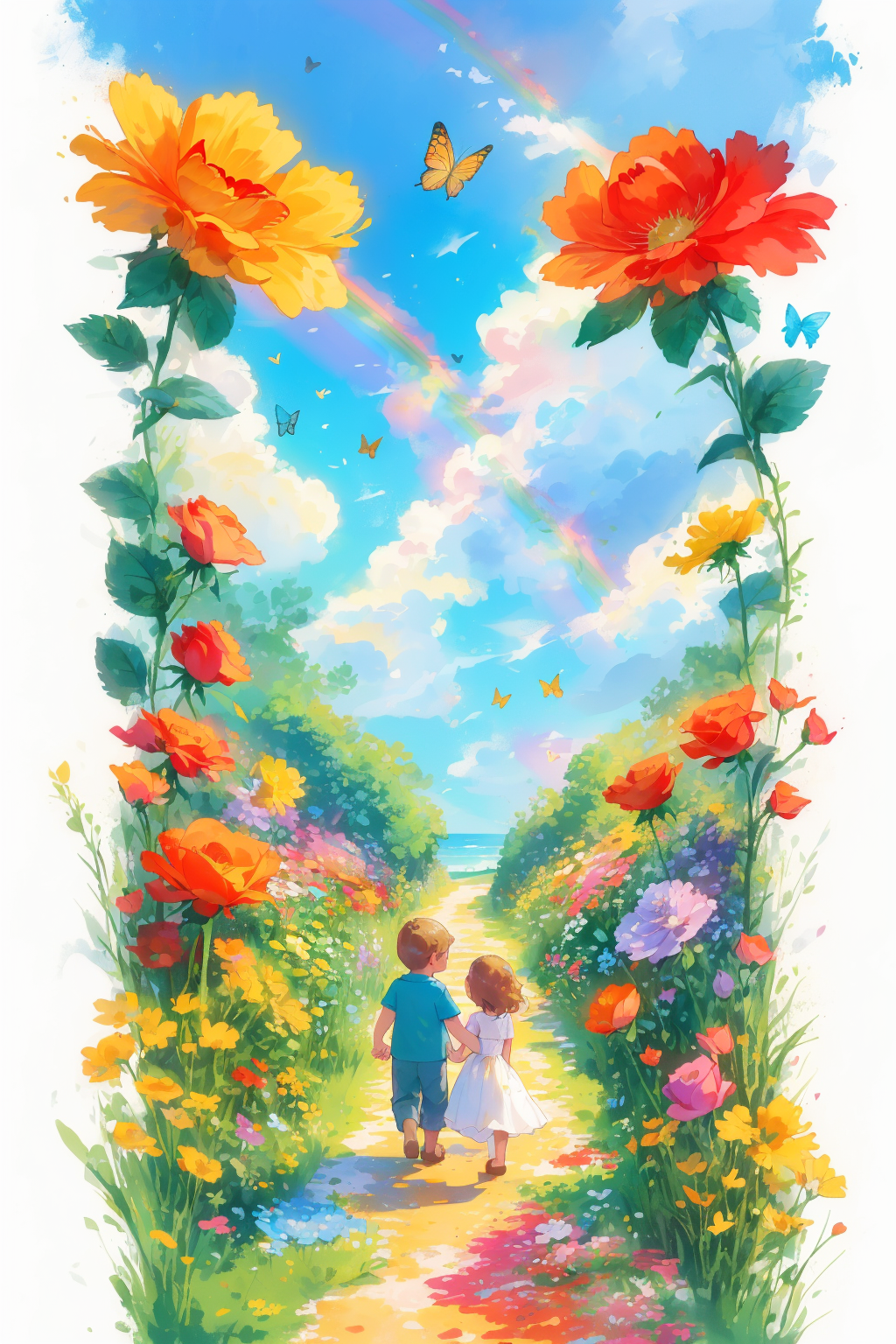 花海天空下牵手奔向海边的孩子