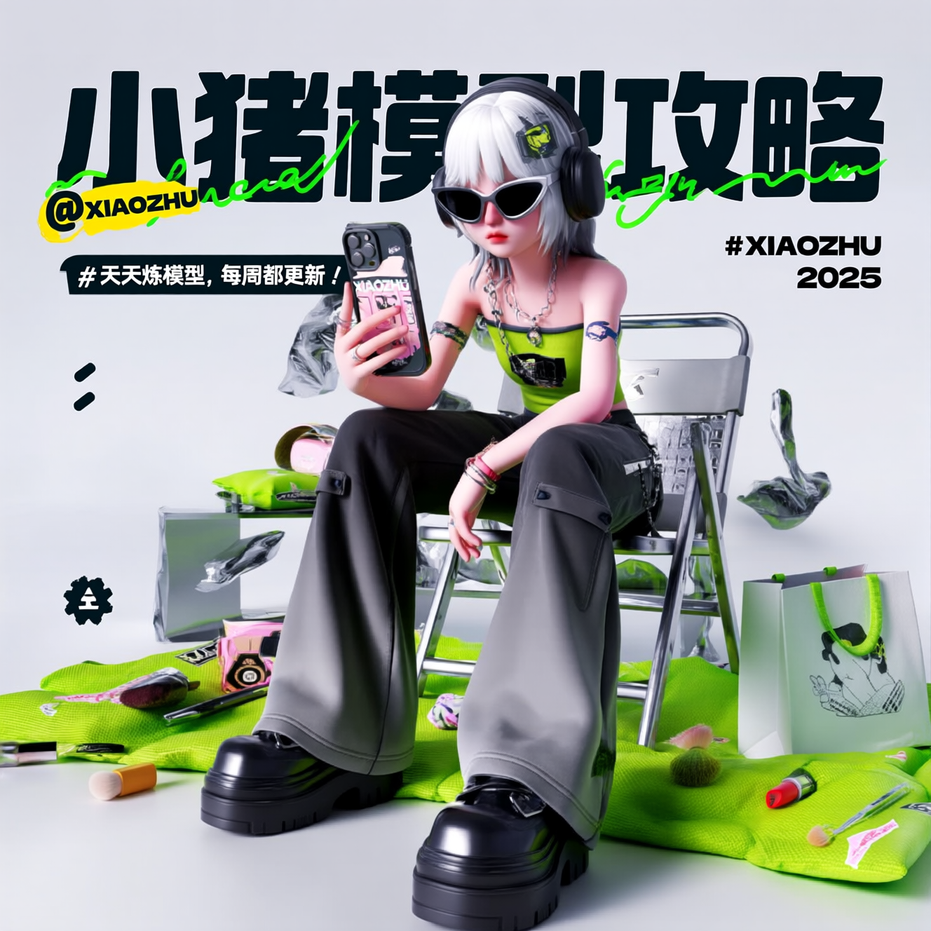 Y2K赛博潮流少女拿手机自拍的时尚海报