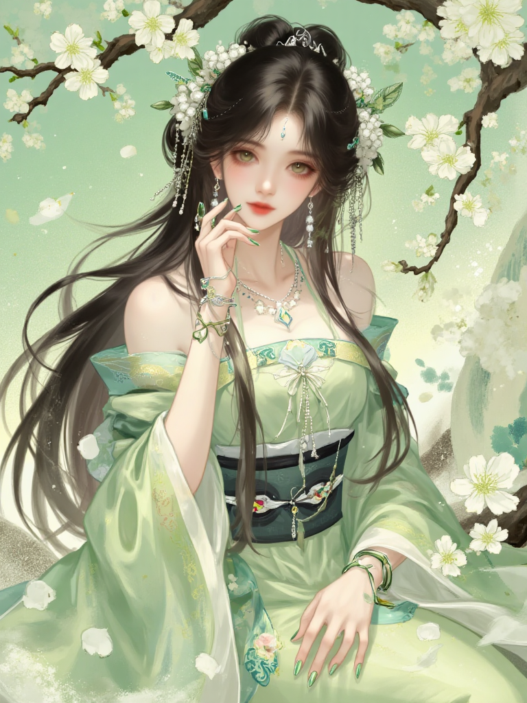 春樱绿意中的古风仙韵女子