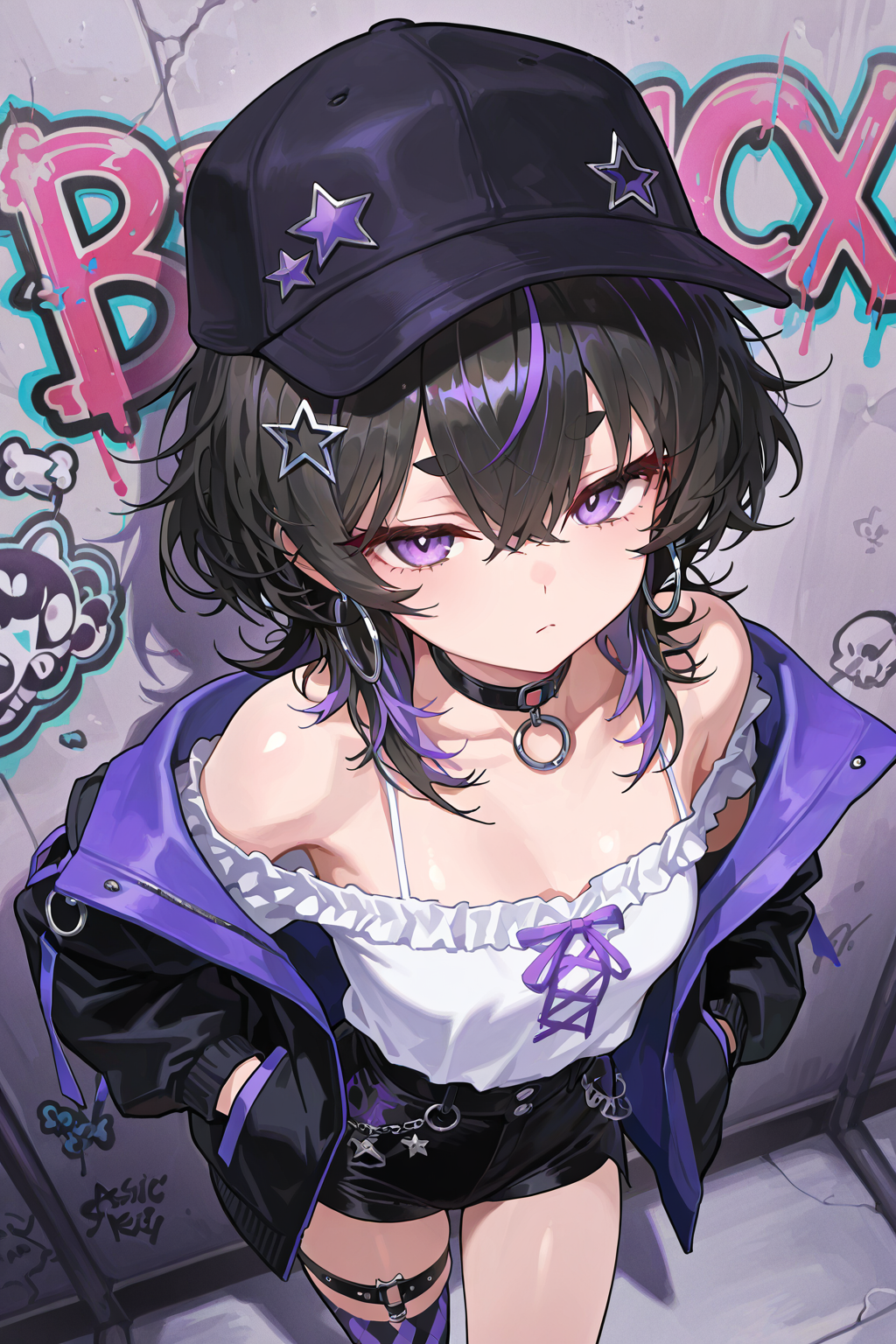 紫黑潮流风格的二次元少女插画