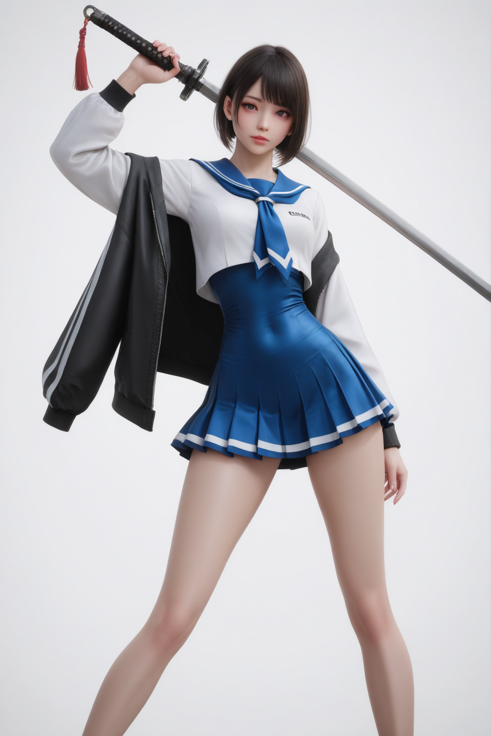 持刀站姿的蓝白水手服少女
