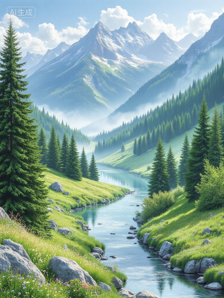 梦幻山谷湖景插画
