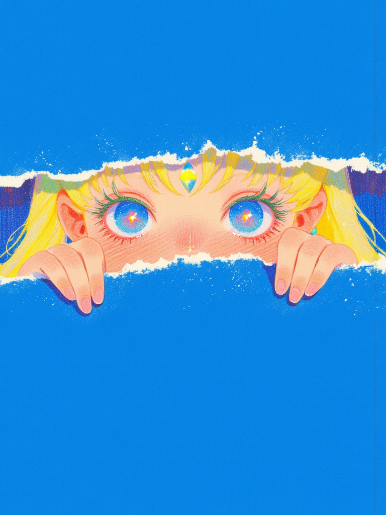 蓝色幕布后窥视的梦幻少女