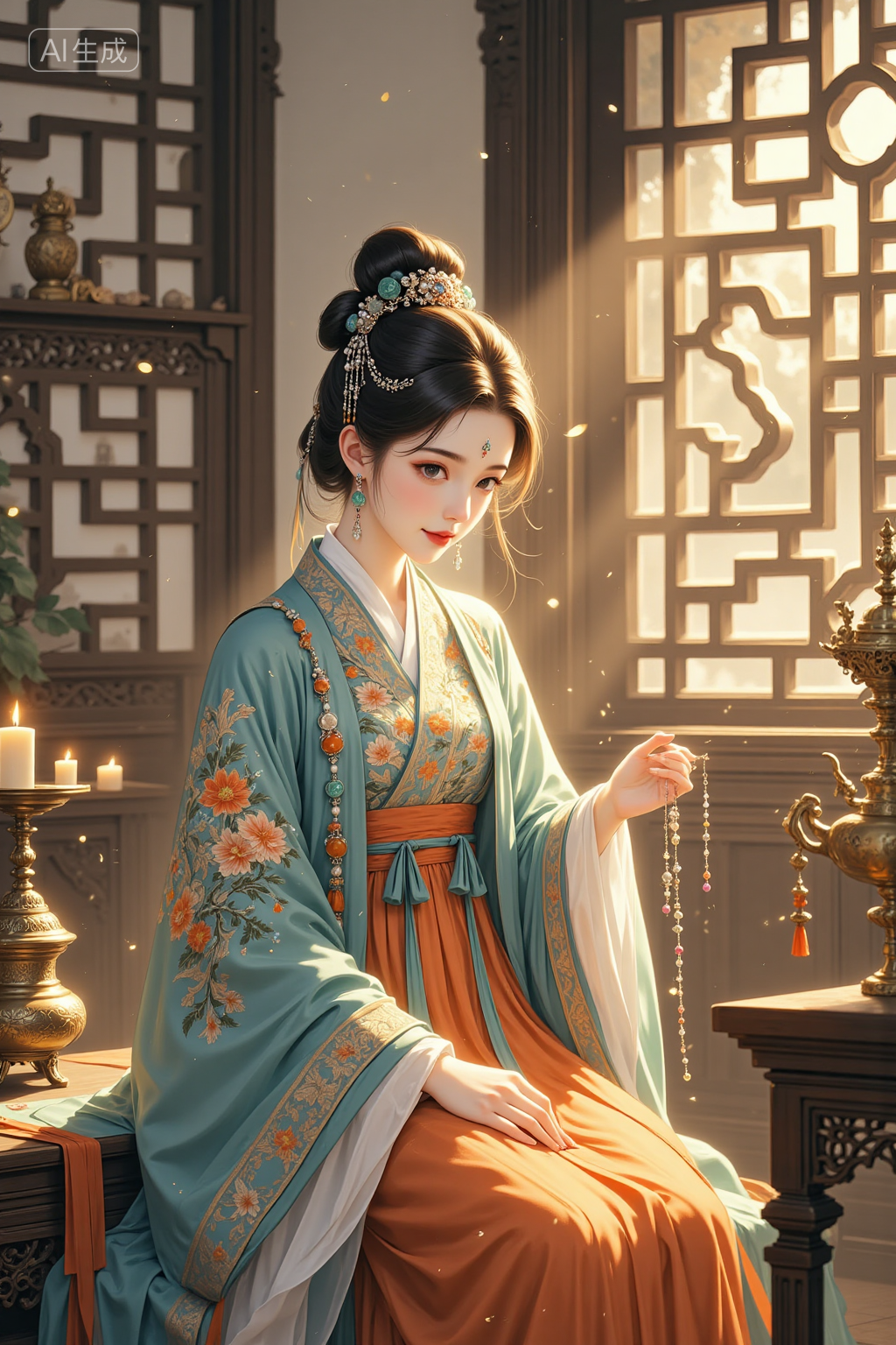 古风汉服女子在暖光窗前静坐持珠
