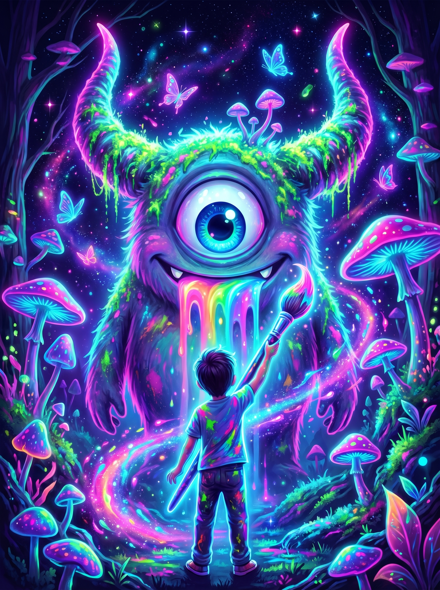 梦幻荧光森林中的独眼巨兽与小画家