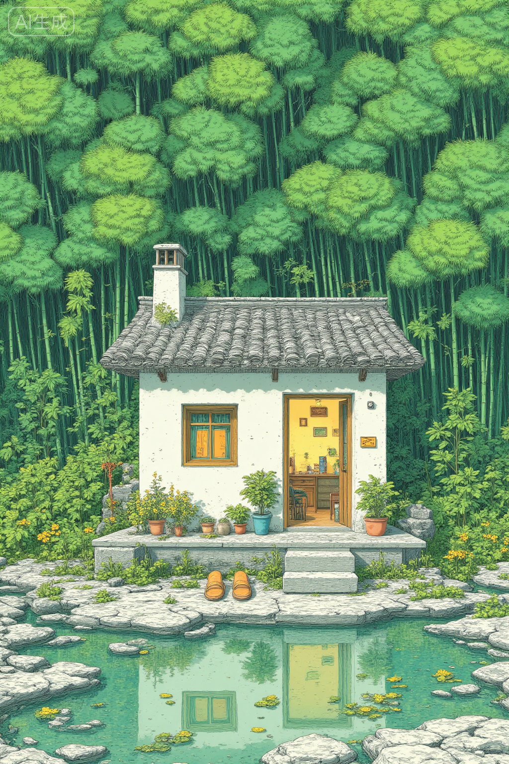 竹林溪畔的静谧小屋