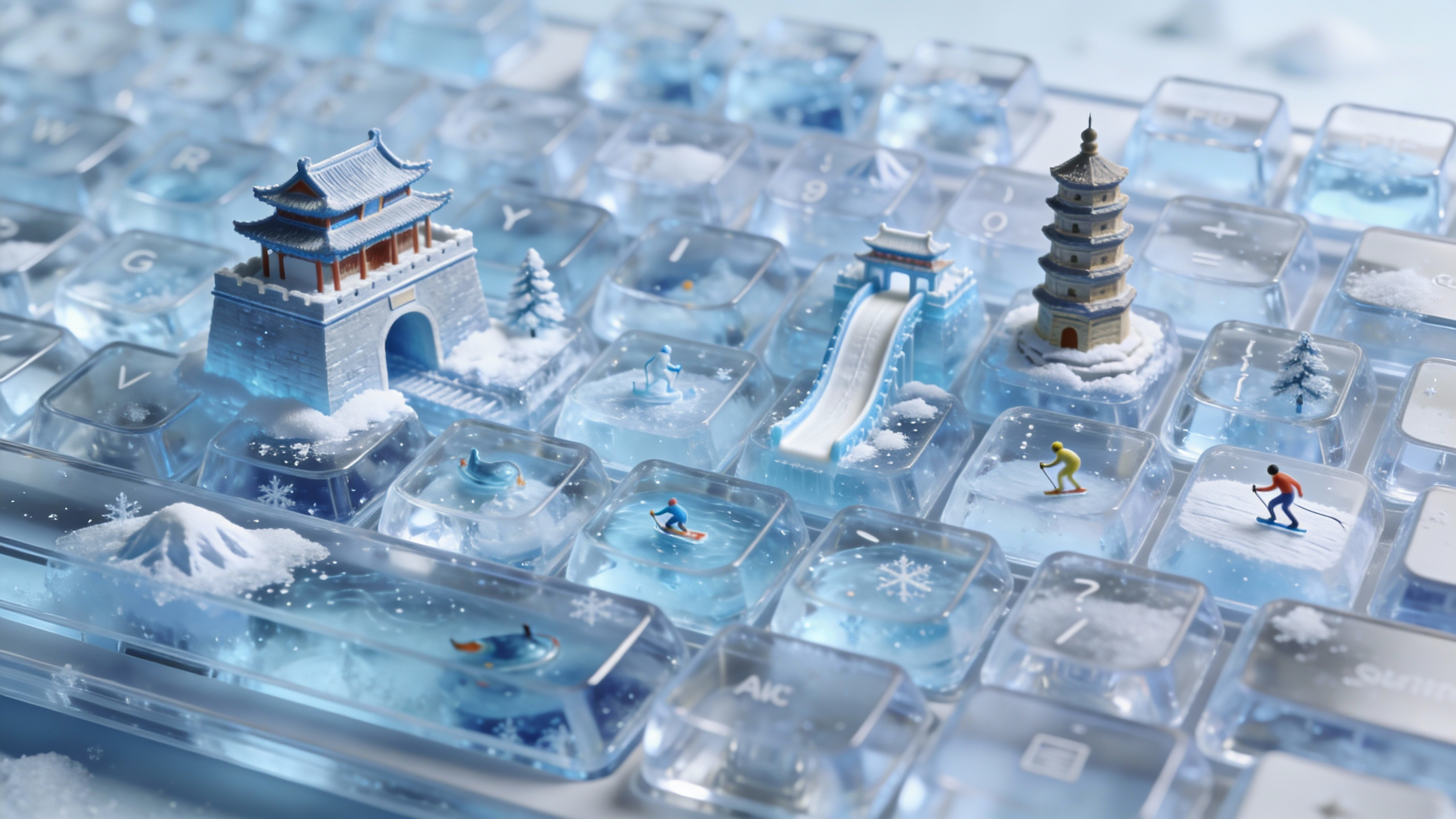 冰雪键盘上的微缩东方冬日世界