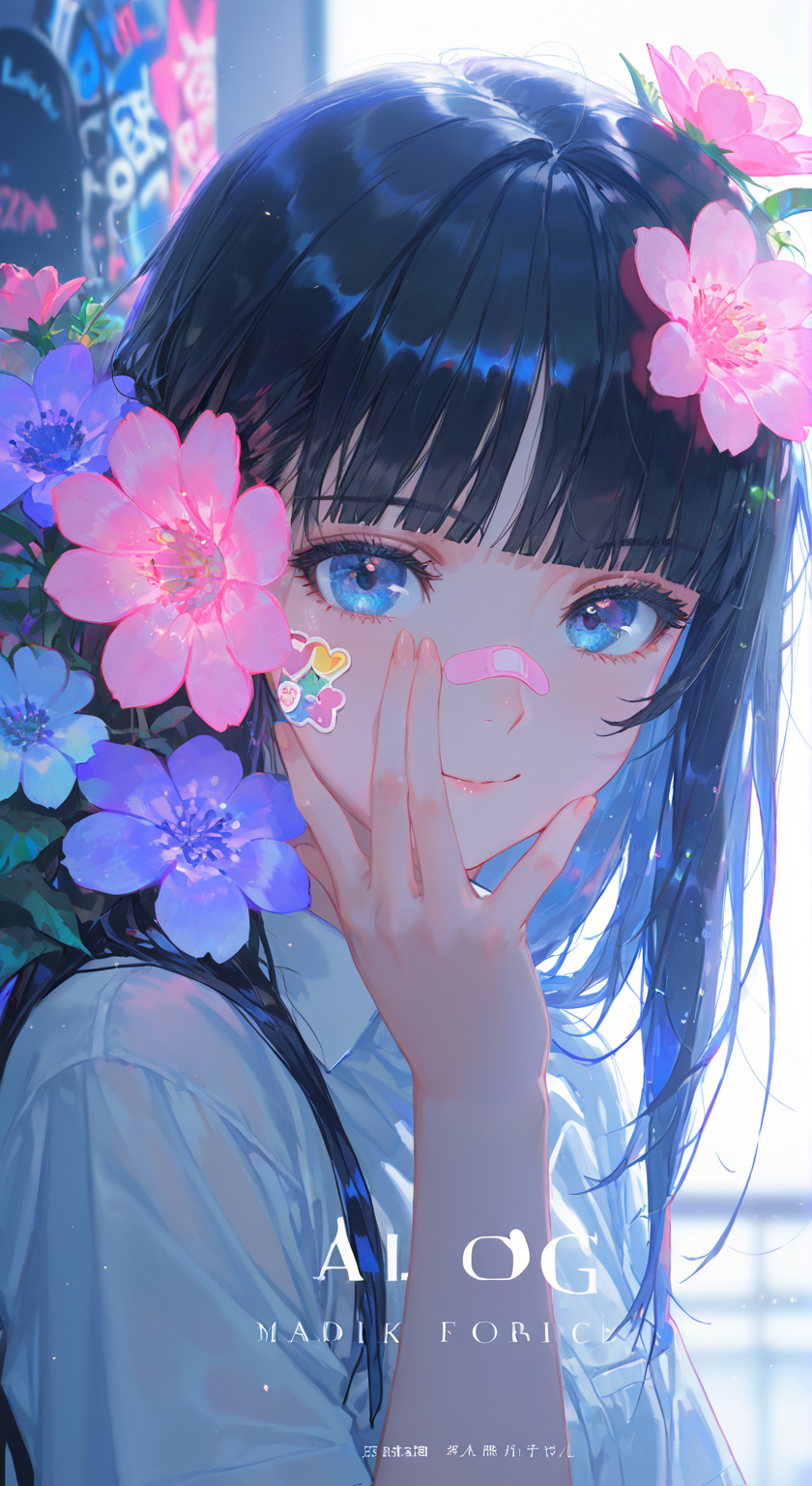 花影中的蓝发少女插画