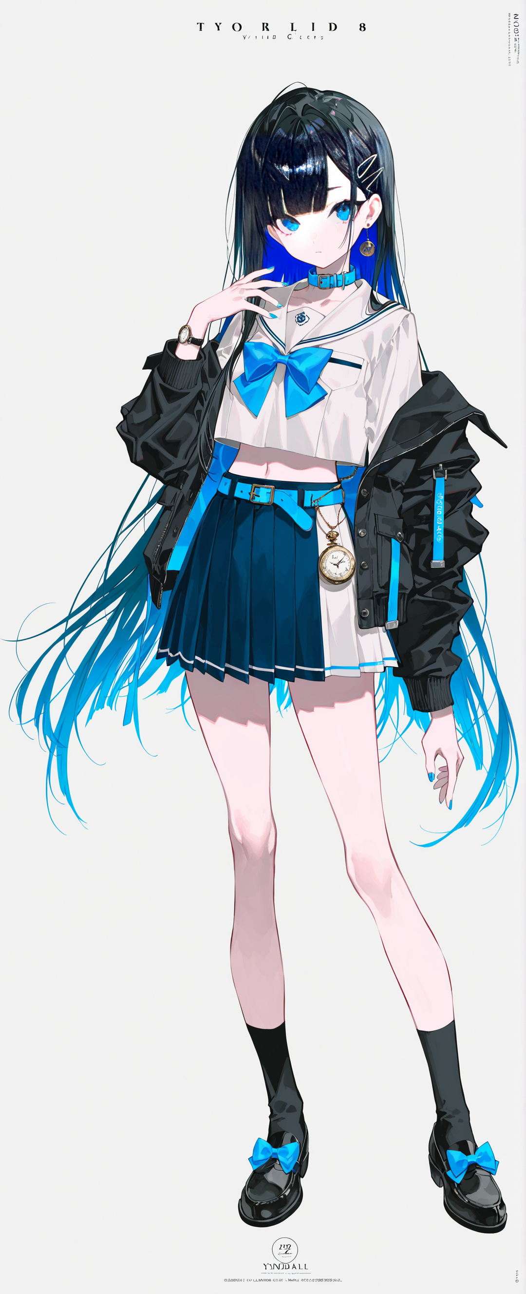 蓝黑配色的二次元少女全身设定图
