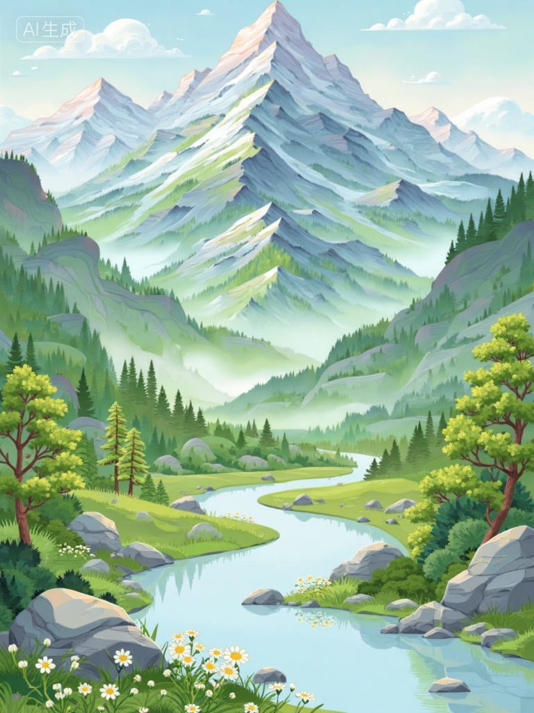 梦幻山谷湖景插画