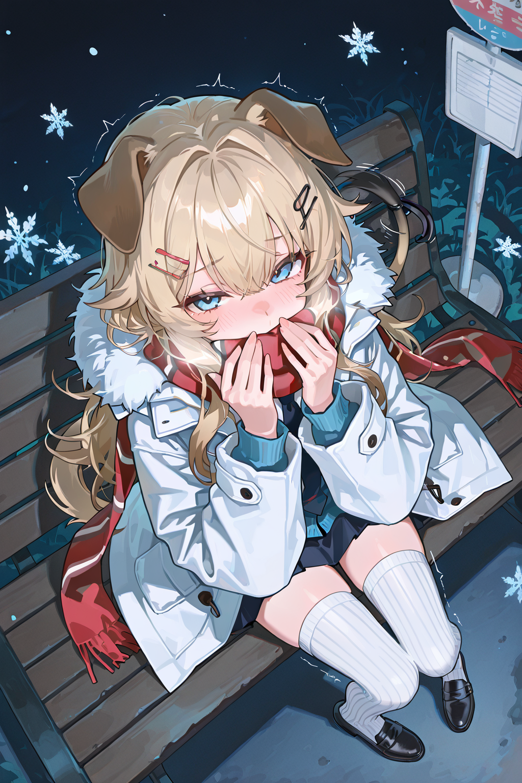 雪夜公交站台上的兽耳少女