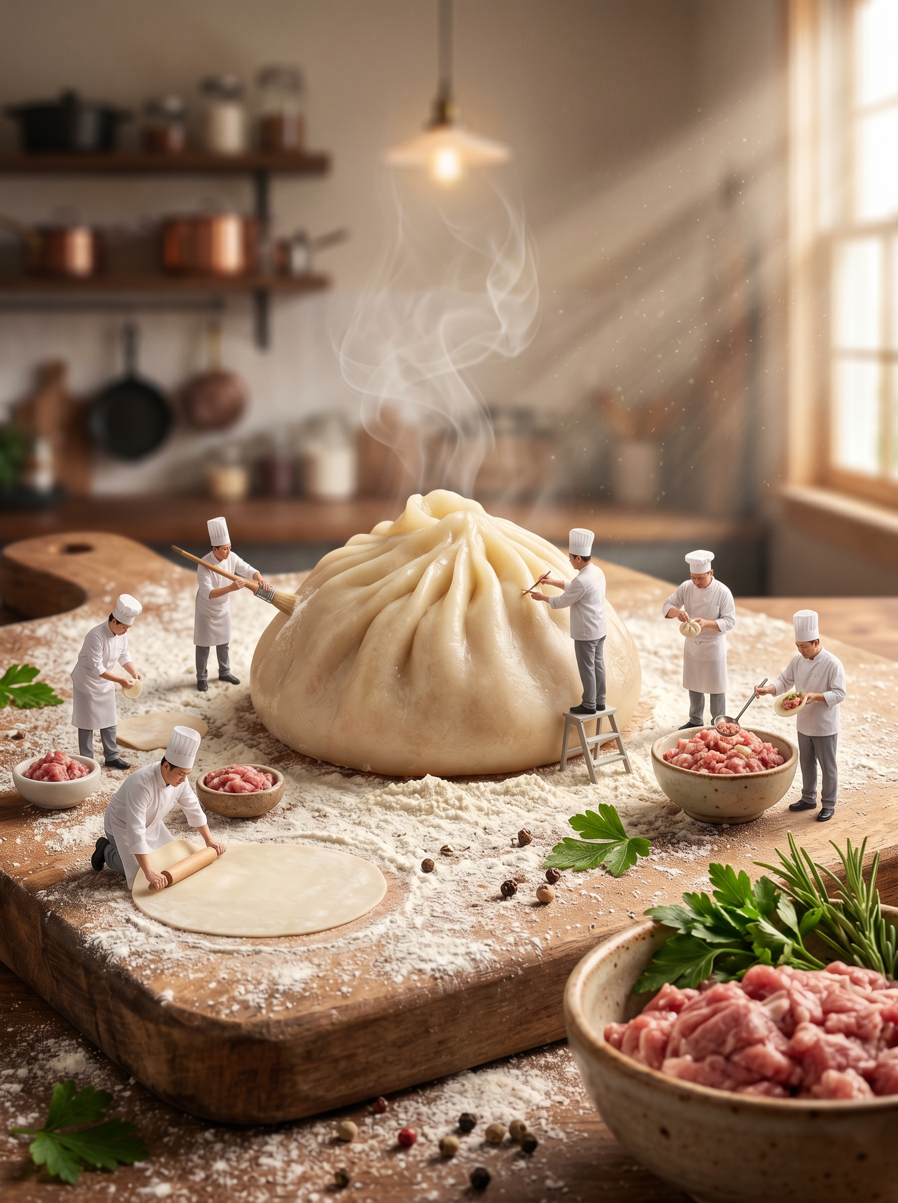 微缩厨师团队制作巨型包子的奇幻厨房场景