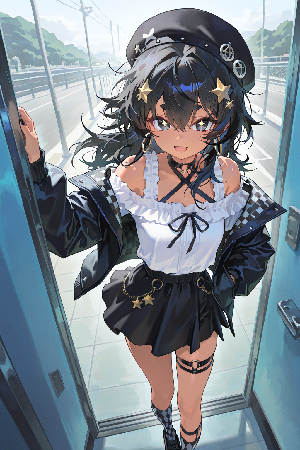 夏日列车门前的星星少女