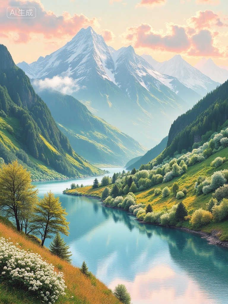梦幻山谷湖景插画