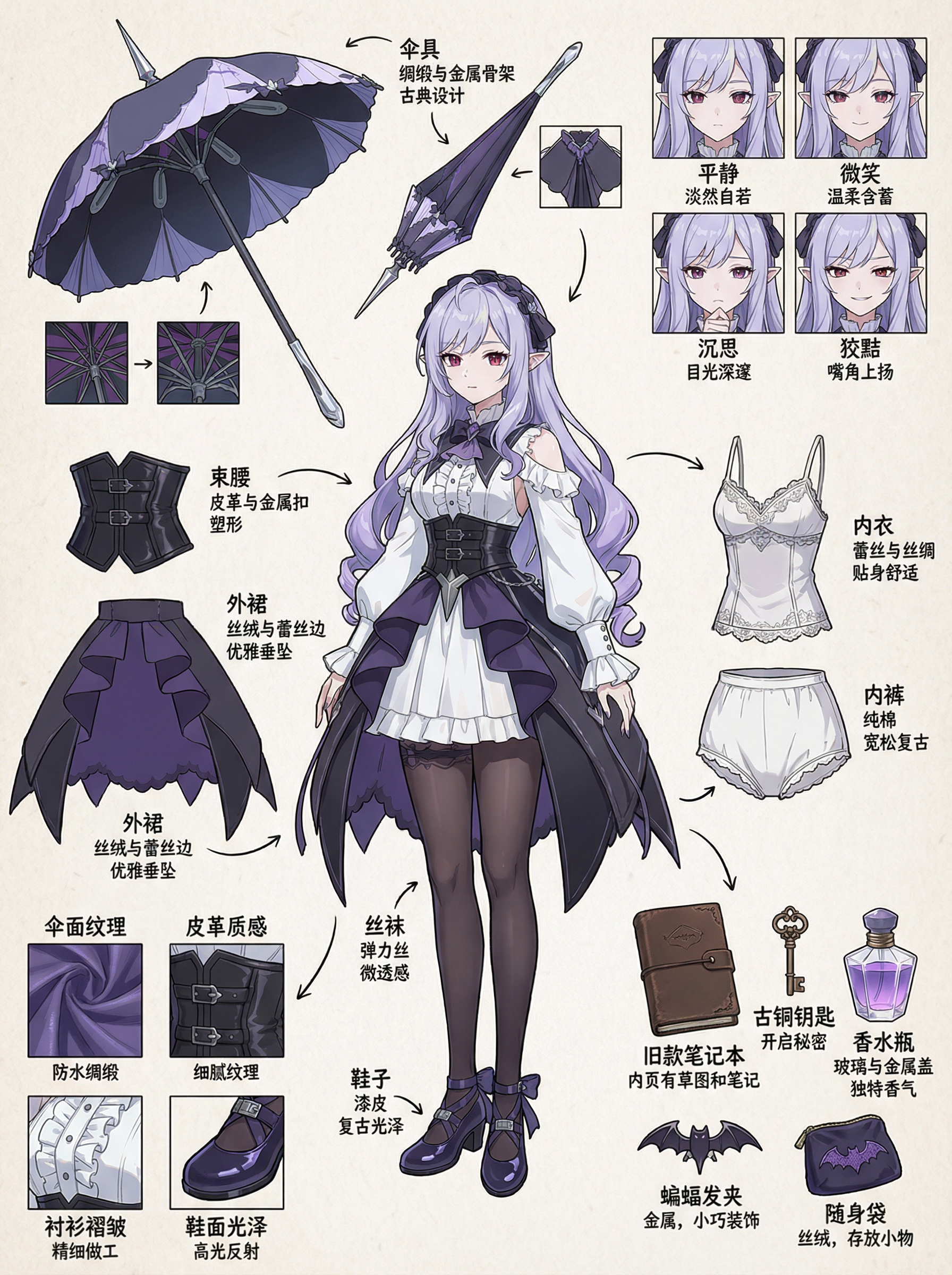 紫黑色哥特风少女角色设定与服装拆解图