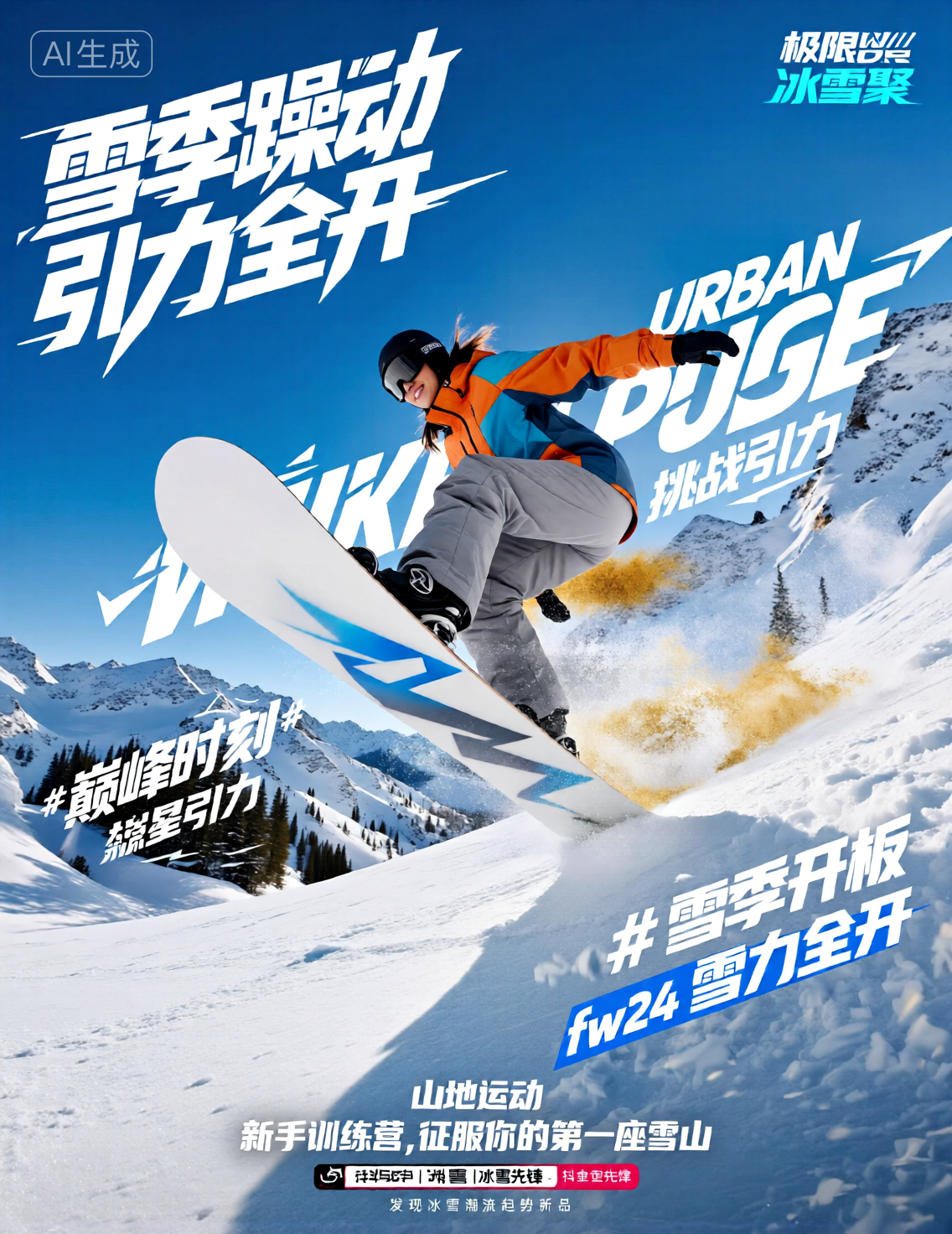 雪场滑板腾空飞跃的极限运动海报