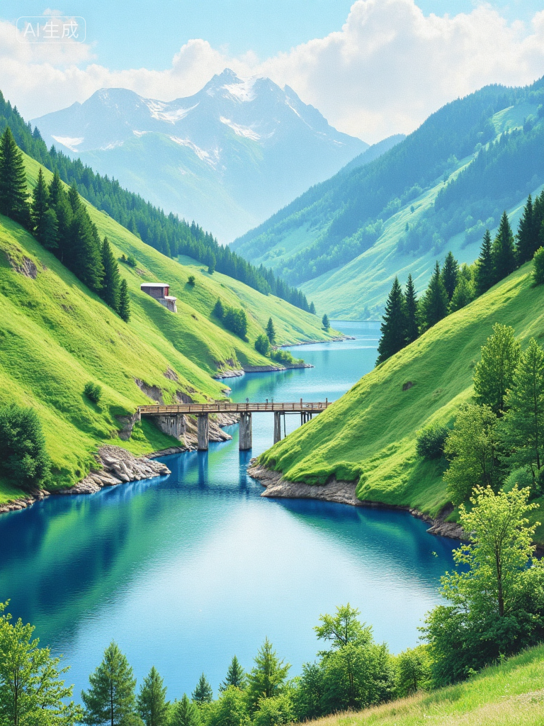 梦幻山谷湖景插画