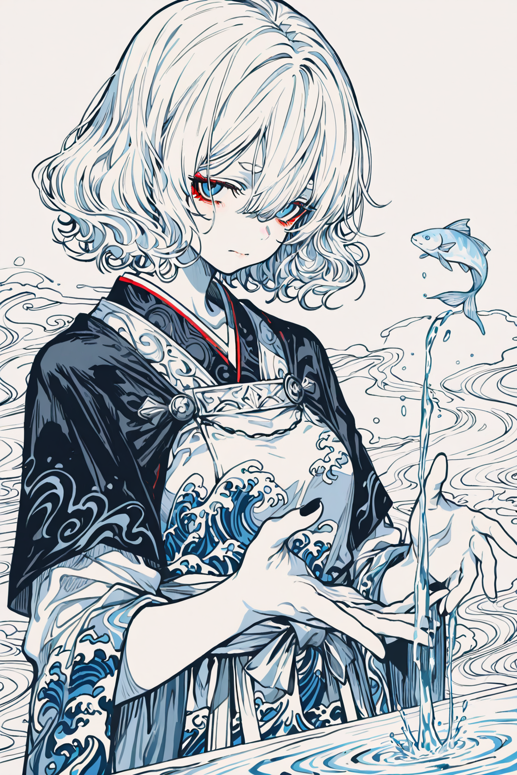 被海浪环绕的白发少女